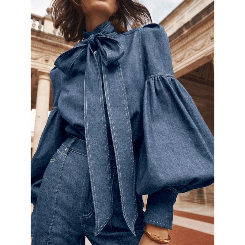 Fernande | Elegant High-Neck Blouse with Bow