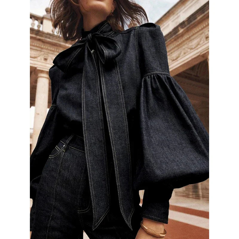 Fernande | Elegant High-Neck Blouse with Bow
